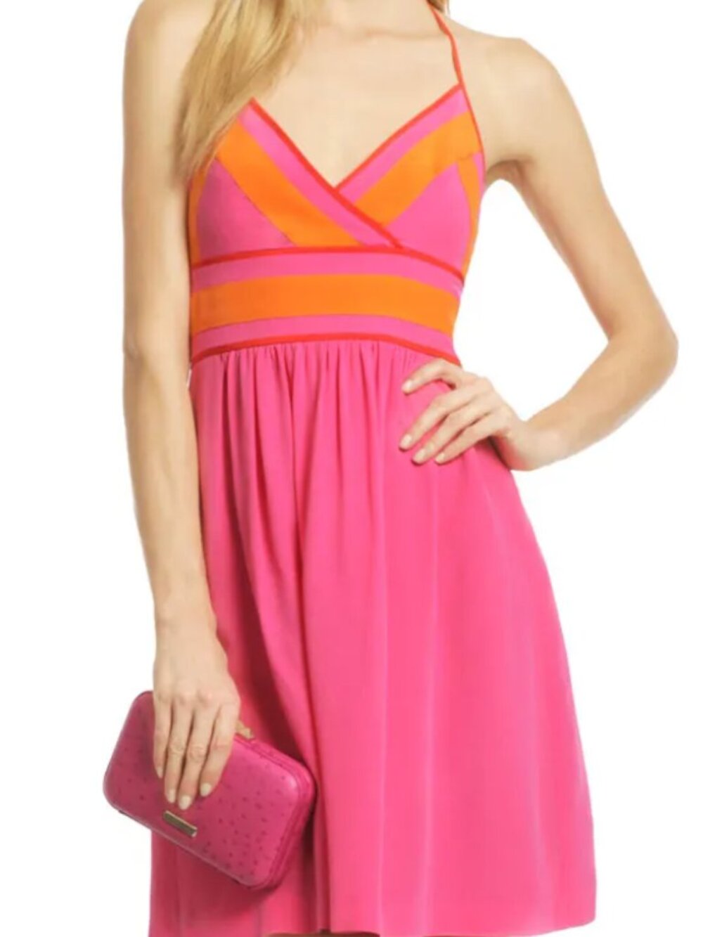 Trina Turk Dancing Flamingo Silk Halter Dress Pink Orange Multicolor Medium
